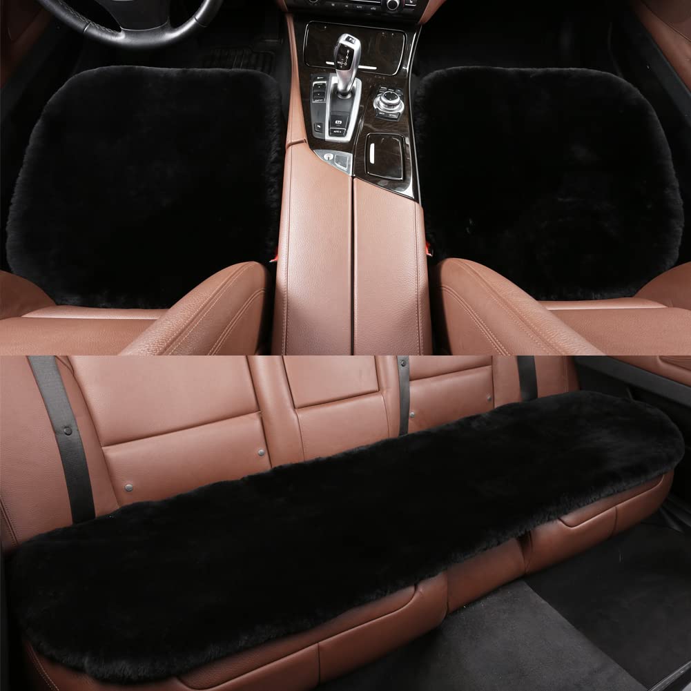 Llb Genuine Sheepskin Car Seat Cushion, Comfort Auto Seat Pad, Warm Real Wool Car Mat With Non-Slip Backing Universal Fit, 19.2 X 19.2 Inches (Black, 2 Front Seat Cushions & Bench Seat Cushion-3 Pcs)