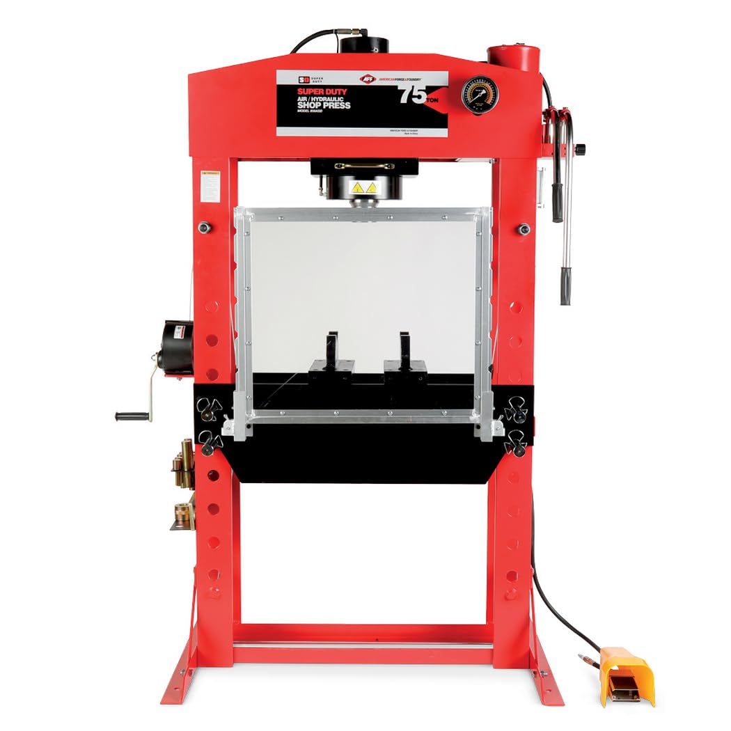 AFF 75 Ton Hydraulic Shop Press - Dual Air Motor, 7-Position Bed Height, Polycarbonate Shield - Super Duty (Multiple Capacities 