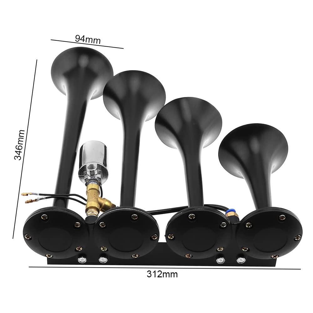 DriSentri 12V/24V Truck Train Air Horn - 185dB Loud Four Trumpet Horn, Zinc Alloy, Black