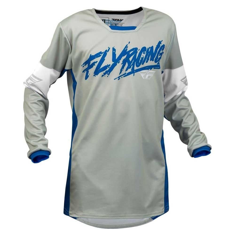 Fly Racing 2023 Kinetic Youth Khaos Jersey (Light Grey/Blue/White, Youth X-Large)