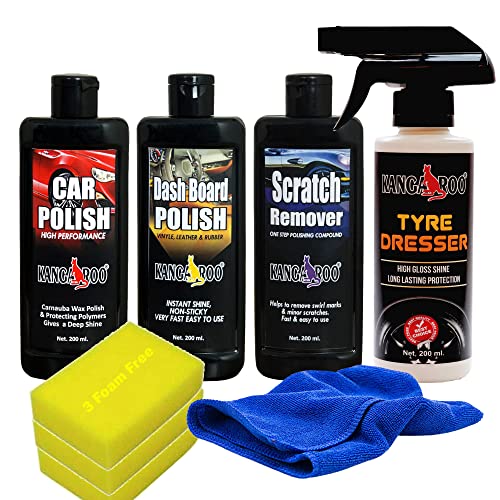 Kangaroo Car Care Kit (Tyre Dresser + Car Polish + Dashboard Polish + Scratch Remover) With 3 Sponge And 1 Micro Fiber Towel Tot