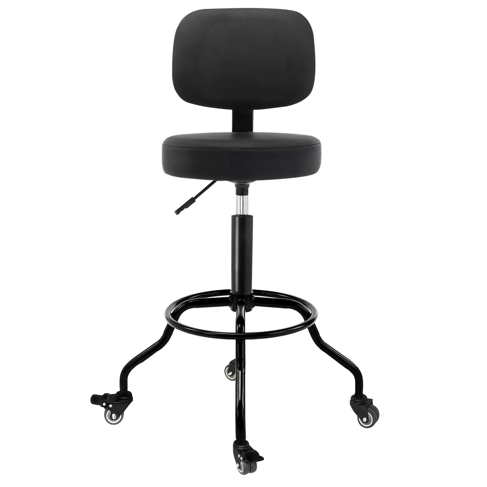 CoVibrant Heavy Duty Shop Stool with Ergonomic Backrest - Lockable Rubber Wheels & Adjustable Height, 360 Swivel, High Footrest 