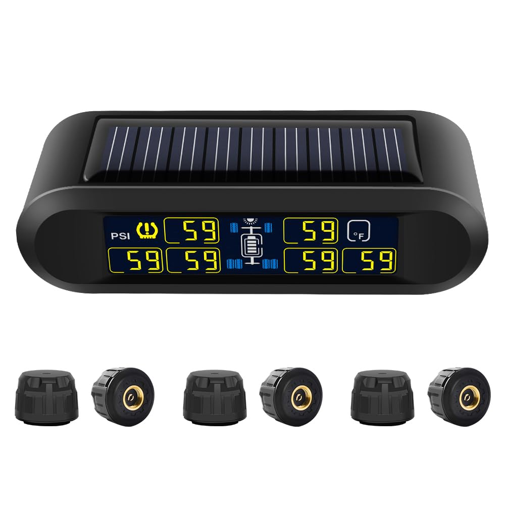 B-Qtech Tire Pressure Monitoring System Rv Solar Wireless Tpms High Brightness For Trailer Travel Motorhome(0~199Psi) With 6 Sensors, 5 Alarm Modes Tire Pressure Monitor Real-Time Alarm System