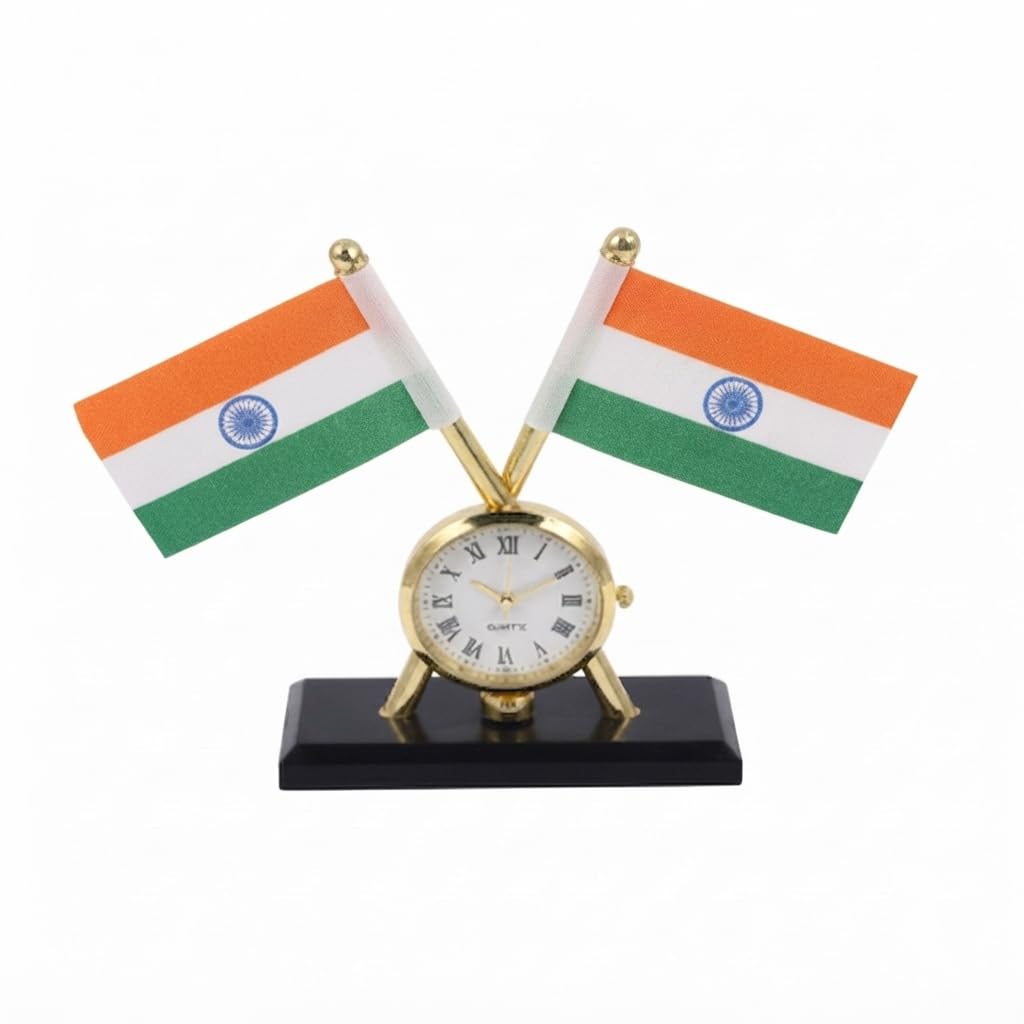 Rudraridez Bike Indian Flag With Quartz Watch On Rectangular Metal Base Stand For Car Dashboard Office Gift Purpose Apache Rtr 2