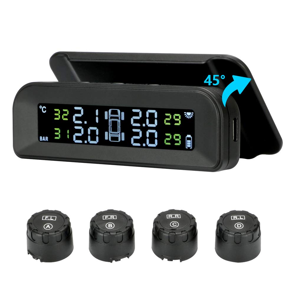 Tire Pressure Monitoring System Wireless Solar TPMS, Tire Pressure Monitor Installed on Windowshield with 4 External Sensors Rea