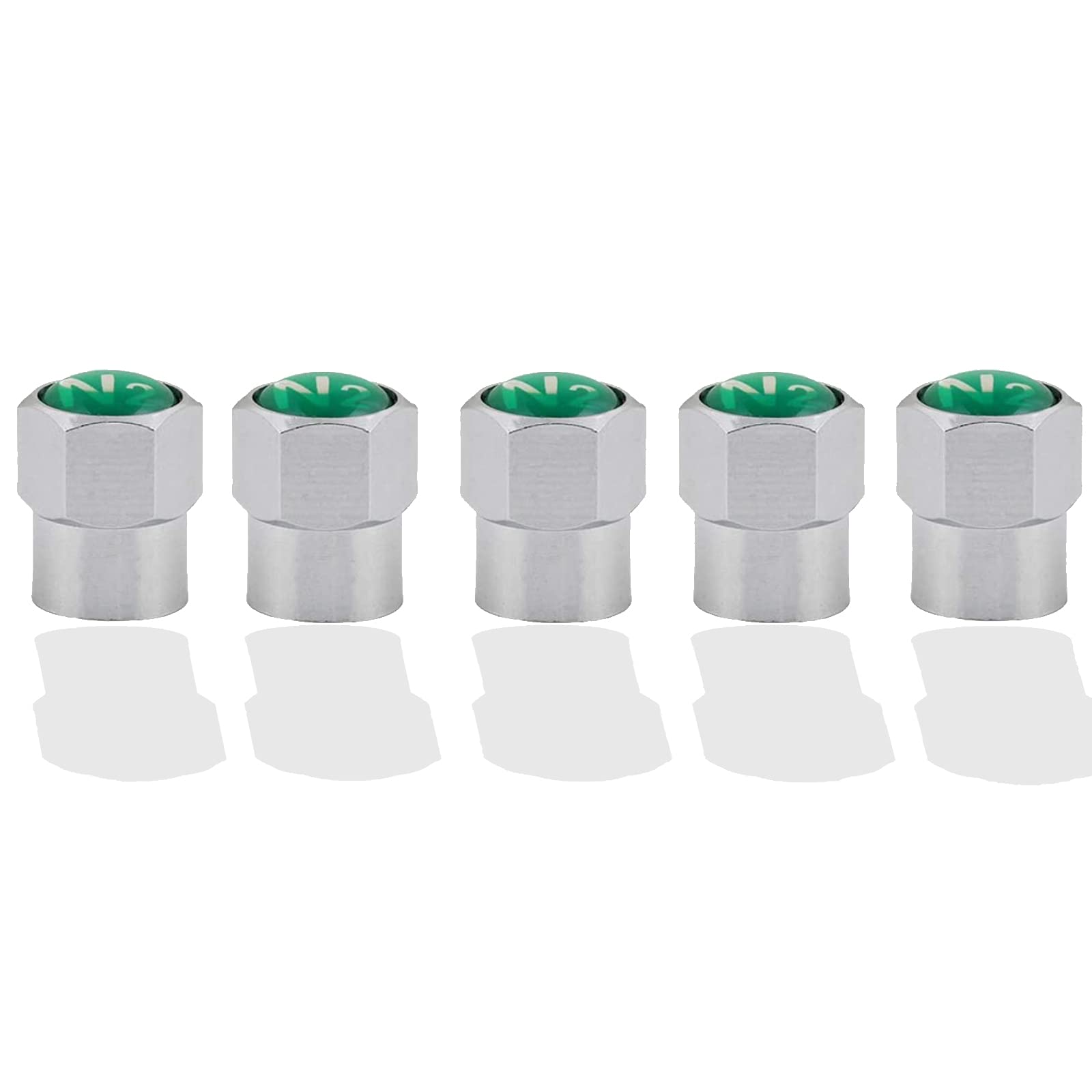GODESON Chrome Plated Brass Tire Valve Stem Caps, N2 Nitrogen Logo, 0.53 inch, Green, Model GD-BV01B, 5 pcs/Set + 1