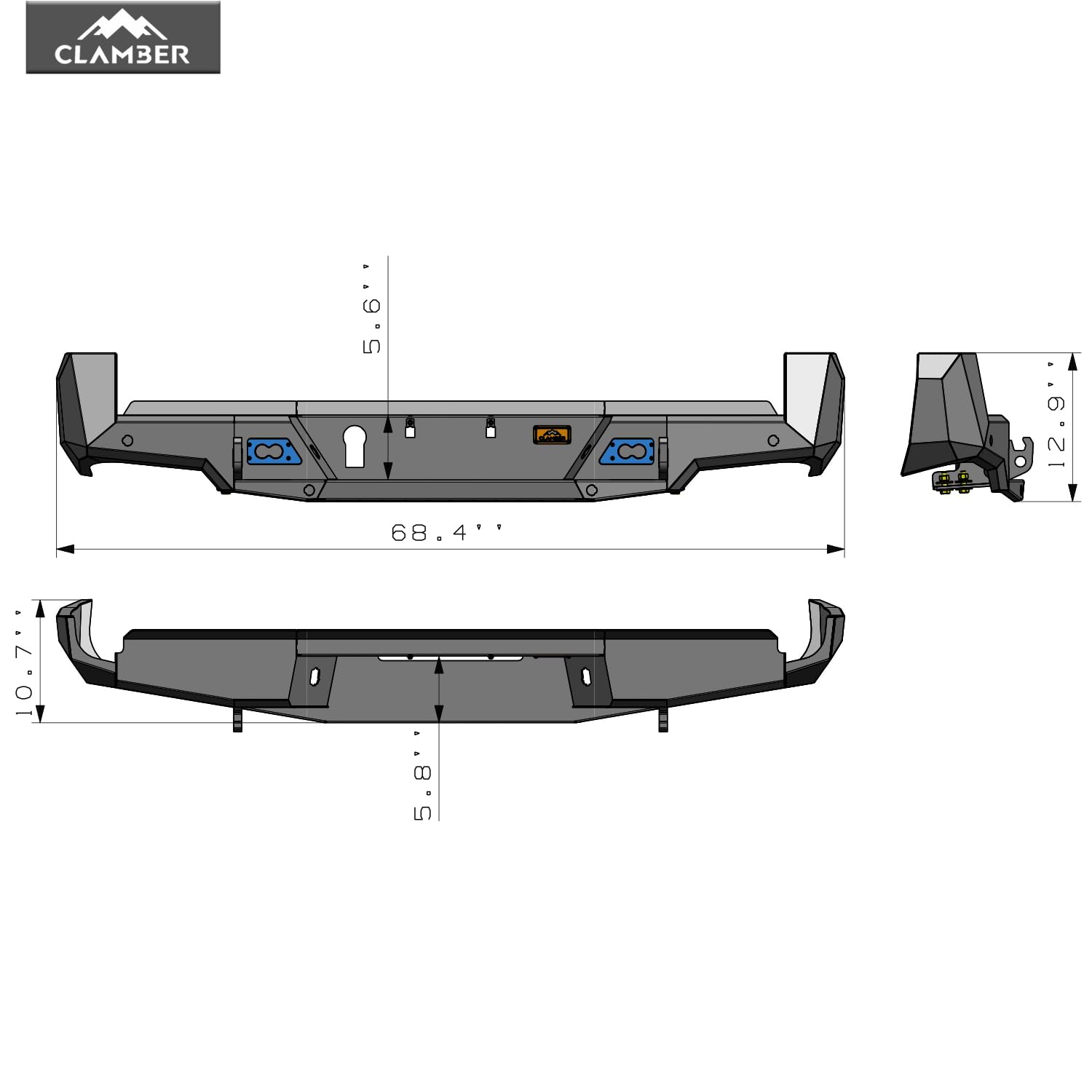CLAMBER Off-Road Rear Bumper for Toyota Tacoma 3rd Gen 2016-2023, Textured Black, Heavy Duty Carbon Steel, Model CLB-TYTCR036