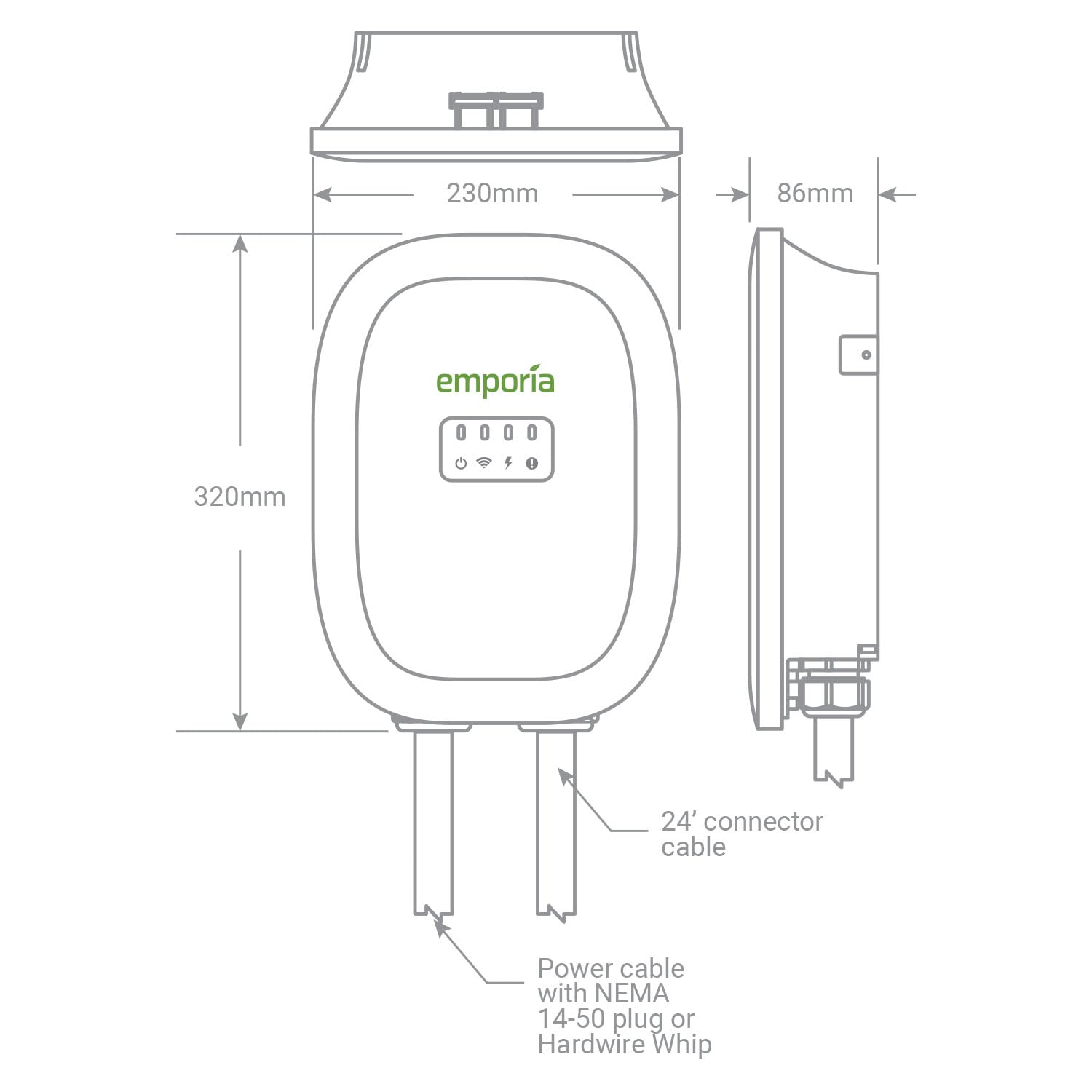 EMPORIA Level 2 EV Charger - 48 Amp, 240V, WiFi Enabled, NEMA 14-50 Plug, 25ft Cable, White, Model EMEVSE1