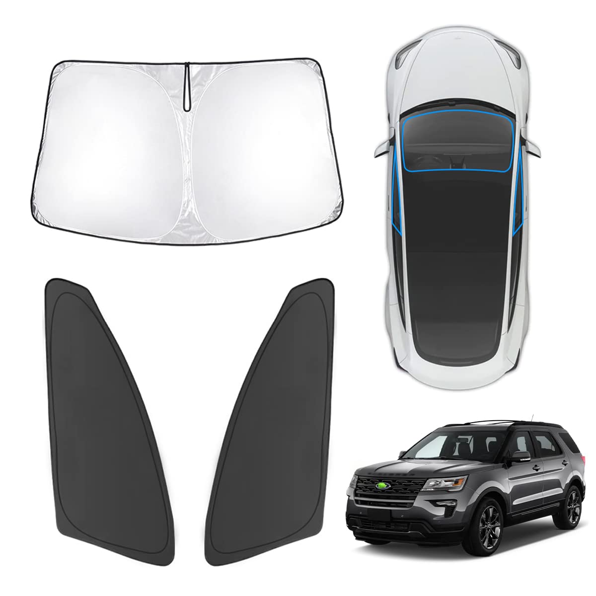 Karltys 3Pcs Windshield Sun Shade For 2011-2019 Ford Explorer, Thickened Reflective Front And Side Window Sunshade Custom Fit Ex
