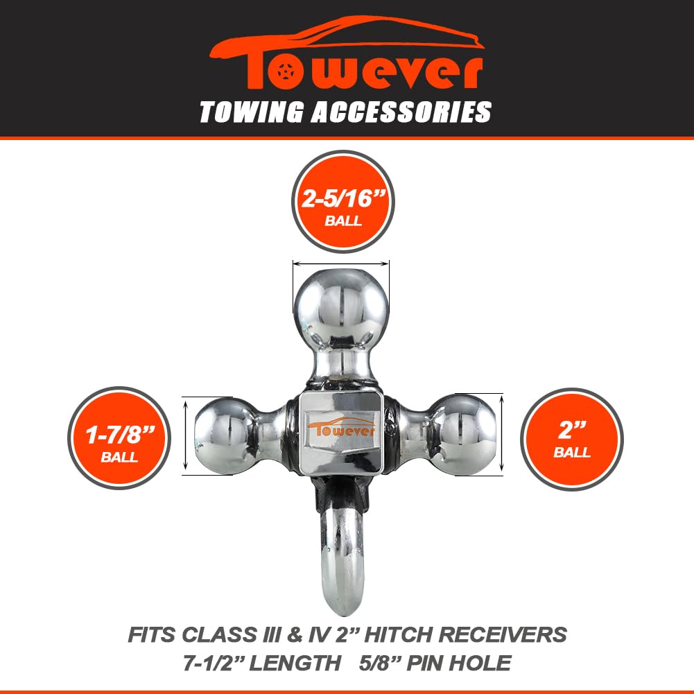 Towever 84180 Towever Trailer Hitch Tri Ball Mount With Hook, 3 Ball Hitch Fit For Towing Hitch 2 Inch Receiver (Hollow Shank Tow Hitch, Black&Chrome) Towever