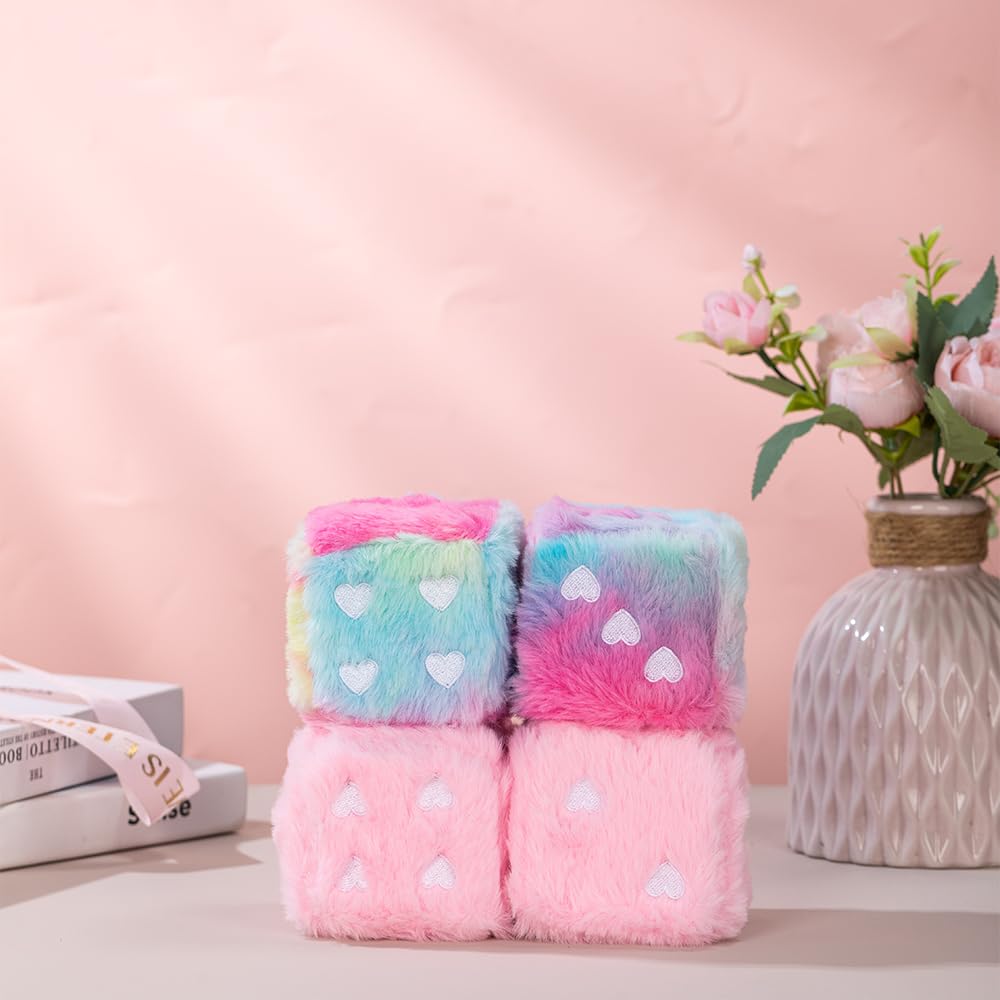 Heart Embroidered Baby Pink Fuzzy Plush Dice - 3-Inch Decorative Car Mirror Hanging Ornaments, Soft Foam, Easy Install, Great Gi