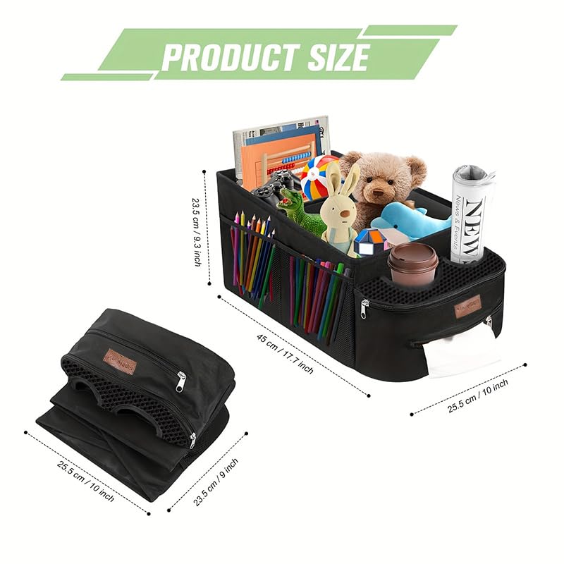 FUNNy elf Collapsible Car Seat Organizer - Oxford Cloth, 4 Cup Holders, Black, Model 2023-SNHB