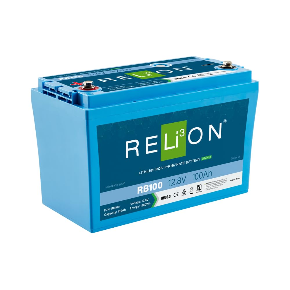RELiON RB100 12V 100Ah LifePO4 Lithium-ion Battery - Waterproof IP67, 10 Year Warranty, Perfect for Boat, RV, Solar, Off Grid - Blue