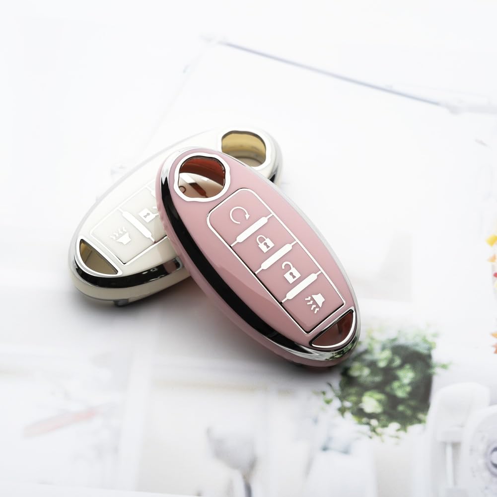 Tautrophen Key Fob Cover for Nissan Infiniti, 4 Buttons, TPU, Silver and Pink, Model RC403-YF
