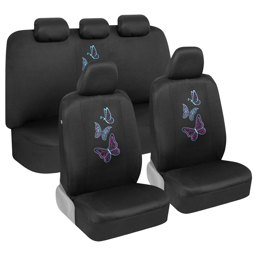 BDK Blue Butterflies Car Seat Covers for Women, Full Set with Steering Wheel Cover and Seat Belt Pads - Front and Rear Covers wi