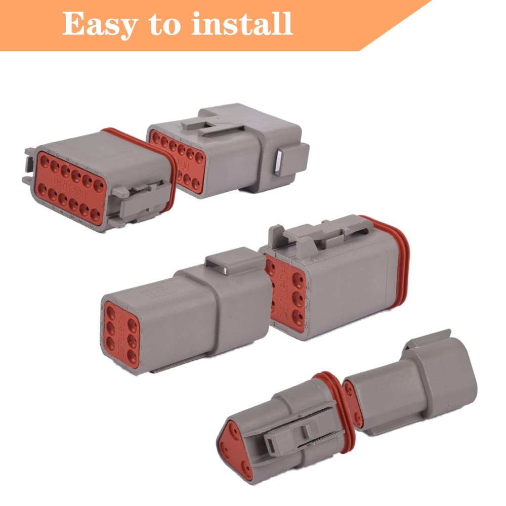 Amliber 174Pcs 12 Kits DT Series Deutsch Connector Kit 2 3 4 6 8 12 Pin Connectors with Size 16 Stamped Contacts IP68 Waterproof