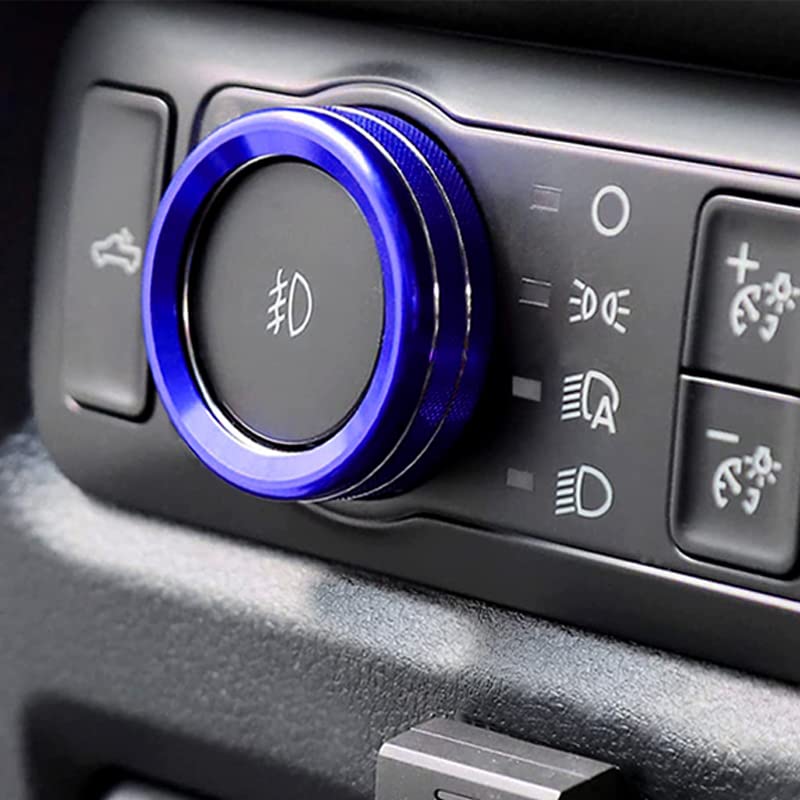 Keptrim For Ford F150 2021 2022 2023 Knob Air Conditioner Switch & Trailer & 4Wd & Vol & Headlight Button Ring Trim, Blue Alumin