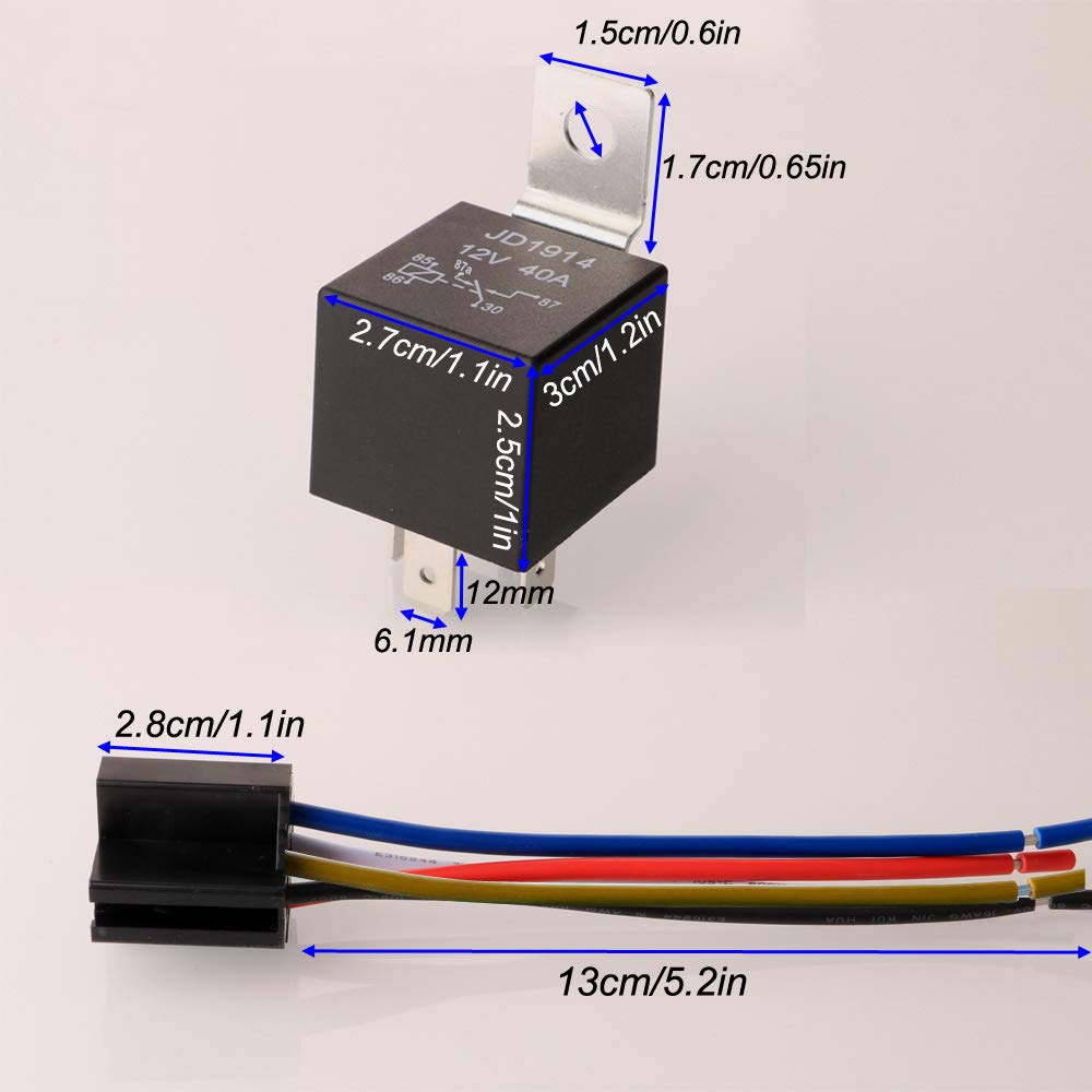 Gebildet JD1914 12V 40A Car Relay with 12AWG Harness Sockets, 5 Pin SPDT Relay with Color-Labeled Wires for Automotive Truck Van