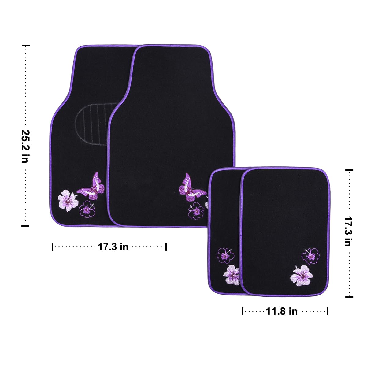 Car Pass Embroidery Butterfly And Flower Car Floor Mats, Purple Car Floor Mats, Universal Fit 95% Automotive,Suvs,Sedan,Vans,For