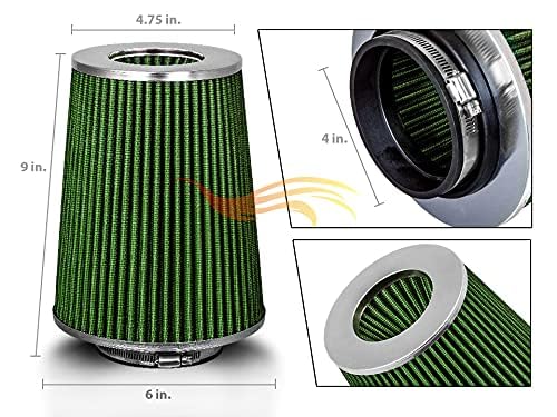 Rtunes Racing 4" Cold Air Cone Filter - Green, Stainless Steel, Model AFL4GN, Performance Washable Clamp-On, 8" Tall