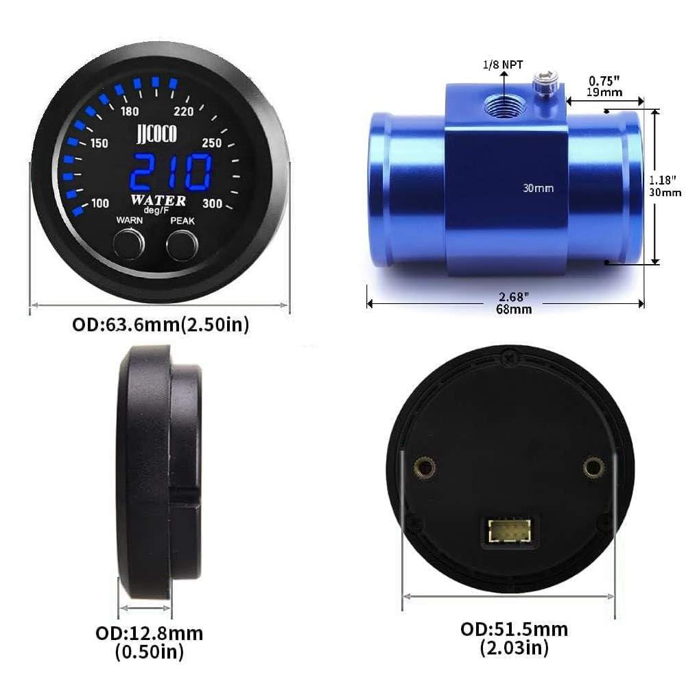 ZHSYMX Universal 52mm Water Temperature Gauge 100-300F(38-150C) Electronic Blue Digital LED DC12V/24V for Car Automotive with Jo