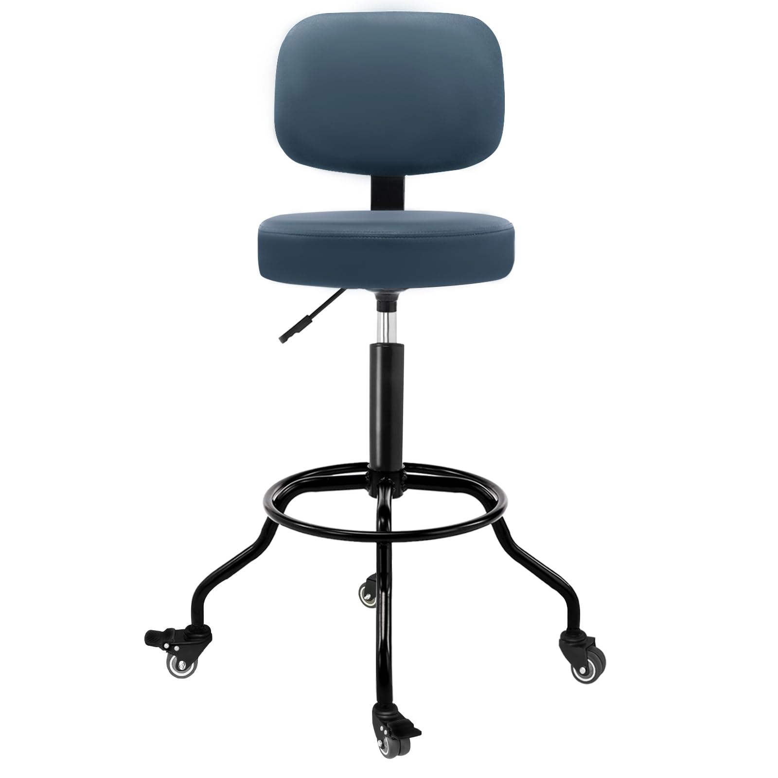 CoVibrant Heavy Duty Garage Stool with Ergonomic Backrest - Lockable Rubber Wheels & High Footrest, 360 Swivel, Adjustable Heigh