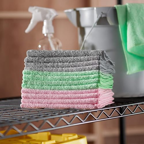 Amazon Basics Microfiber Cleaning Cloths, Non-Abrasive, Reusable And Washable, Pack Of 48, Green/Gray/Pink, 16'' X 12''