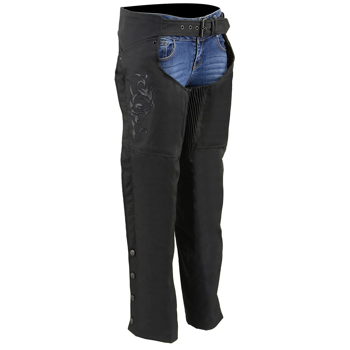 Milwaukee Leather SH1182 Womens Black Textile Motorcycle Riding Chaps with Tribal Embroidery - Large