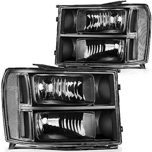 LBRST Headlight Fit 2007-2013 for Sierra 1500, 2007-2014 for Sierra 2500 HD, 2007-2014 for Sierra 3500 HD Black Housing Clear Re
