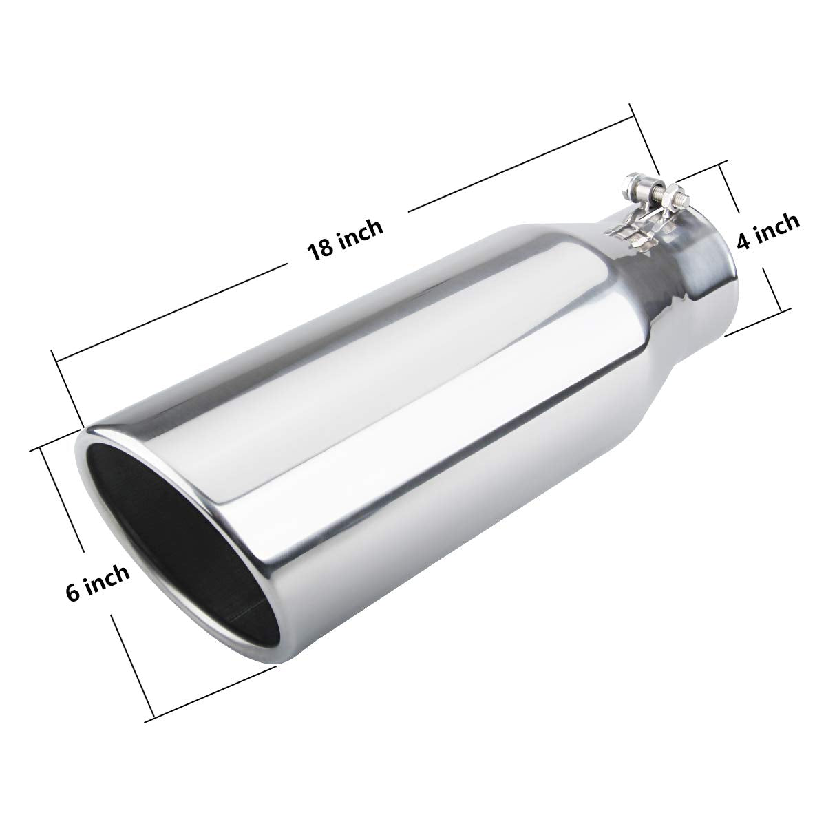 LCGP Diesel Exhaust Tip - 4" Inlet, 6" Outlet, 18" Length, Polished Stainless Steel, Rolled Angle Cut, Bolt-On Truck Accessory