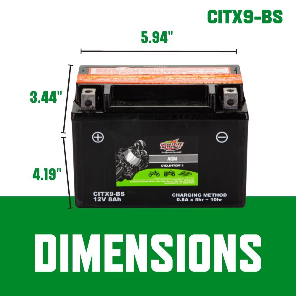 Interstate Batteries YTX9-BS 12V 8Ah AGM Motorcycle Battery Replacement for BMW, Honda, Kawasaki, ATVs, Scooters