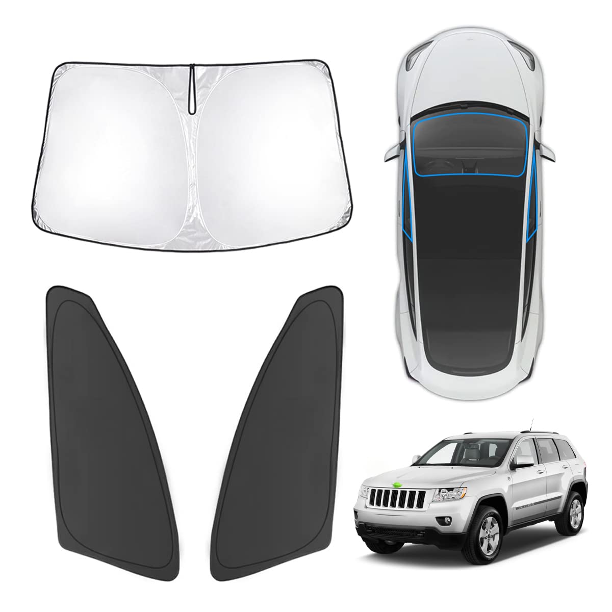 Karltys 3Pcs Windshield Sun Shade For 2011-2021 Jeep Grand Cherokee, Front And Side Window Sunshade Custom Fit Grand Cherokee, F