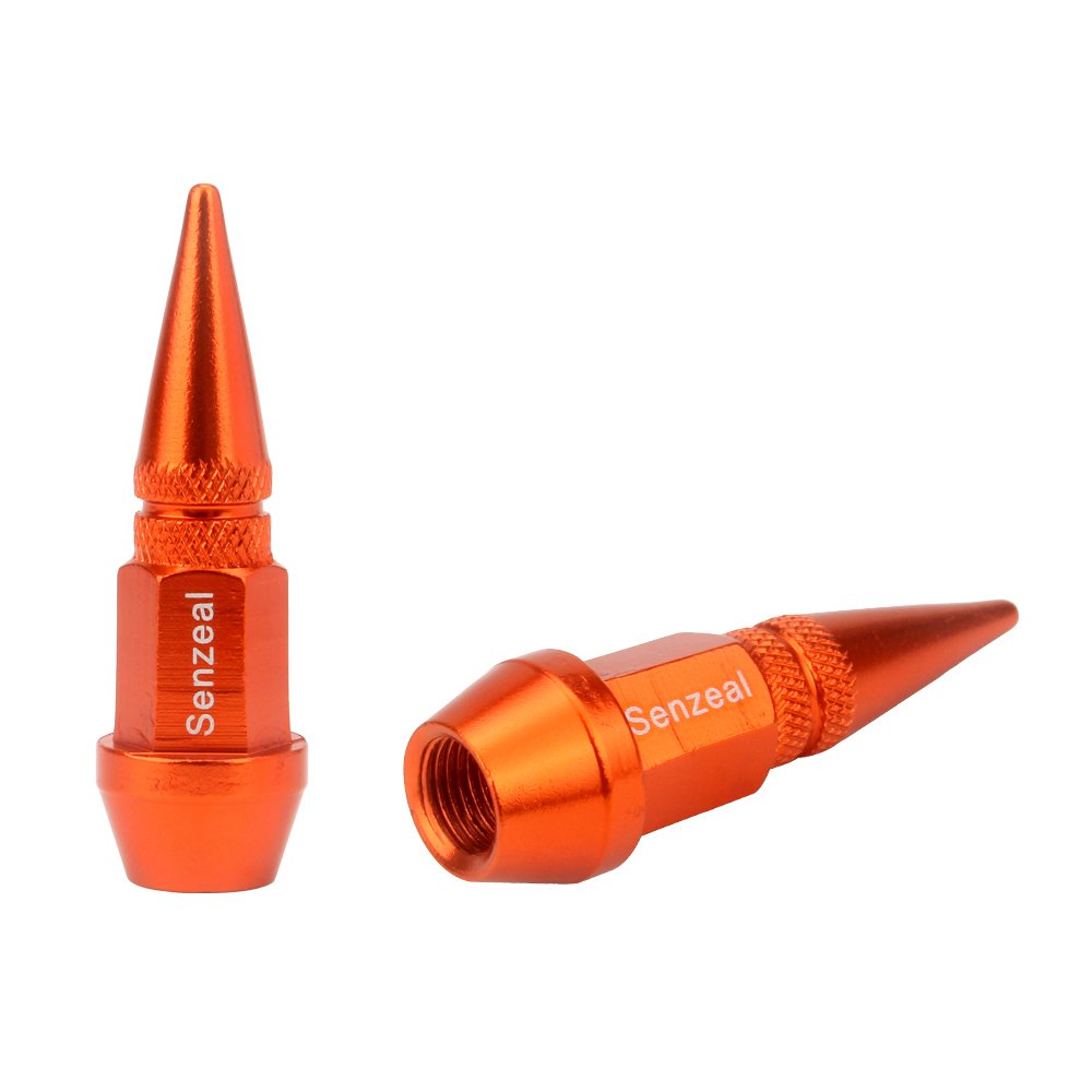 Senzeal 4X Long Impale Spike Style Polished Aluminum Valve Stem Caps Orange