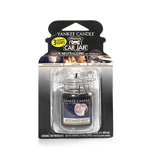 Yankee Candle Car Air Fresheners, Hanging Car Jar Ultimate 3-Pack, Neutralizes Odors Up To 30 Days, Includes: 1 Leather, 1 Midsu