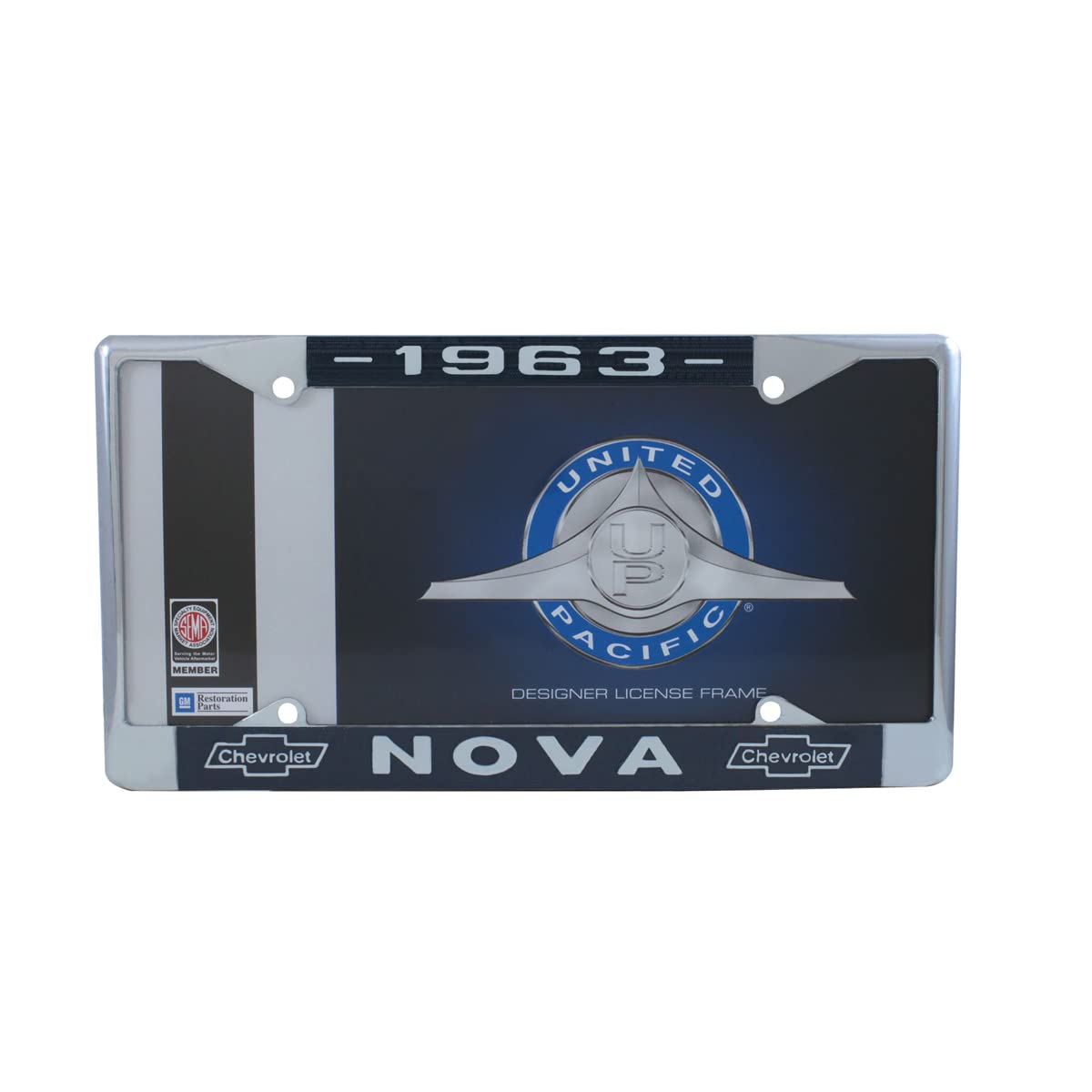 United Pacific C5045-63 Chrome License Plate Frame For 1963 Chevy Nova, Die-Cast Construction, Fits Standard U.S. Vehicles - One