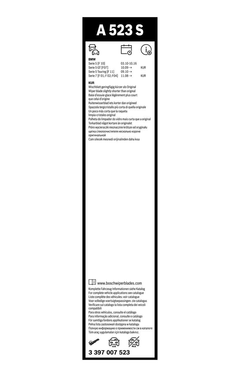 Bosch AeroTwin Front Wiper Blades Pair 650/450mm, Schwarz, Model 3 397 007 523, For BMW 5 7 Series 2008-