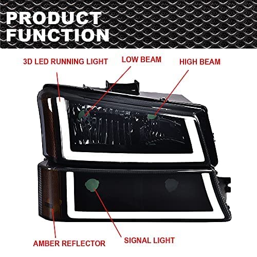 G-Plus Led Drl Headlights, Compatible With 2003 2004 2005 2006 Chevy Silverado Avalanche, Smoky Lens Black Housing Amber Reflect
