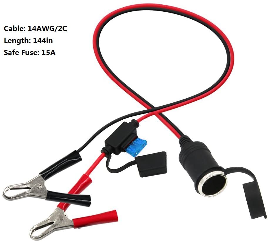 SPARKING 12FT 12V Female Car Cigarette Lighter Socket Extension Cord with Battery Alligator Clips Car Battery Clip-on Extension