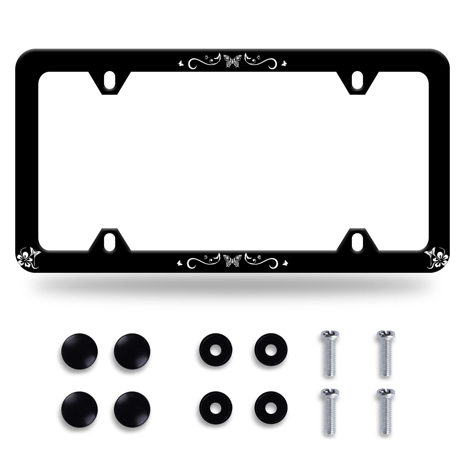 Butterfly Hibiscus License Plate Frame License Plate Stainless Steel Parts Colorful License Plate Funny Decorative With Screws S