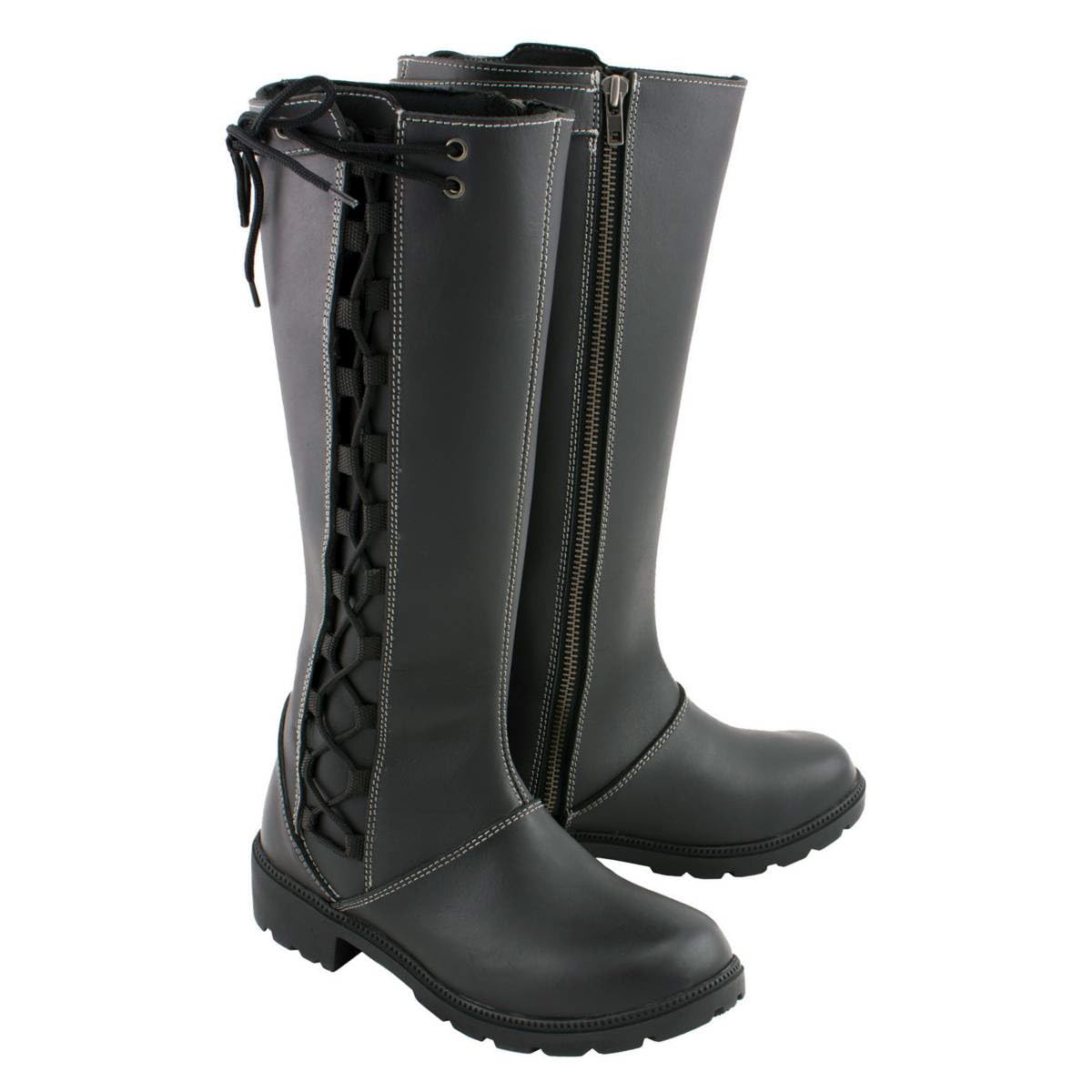 Milwaukee Leather MBL9370 Women's Black 17-Inch Lace Side Leather Boots with Contrast White Stitching - 11