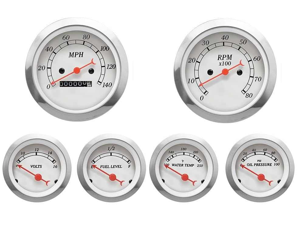 MOTOR METER RACING Classic 6 Gauge Set with Mechanical Speedometer Analog Odometer White Dial Red Needle Light Bulb Illumination