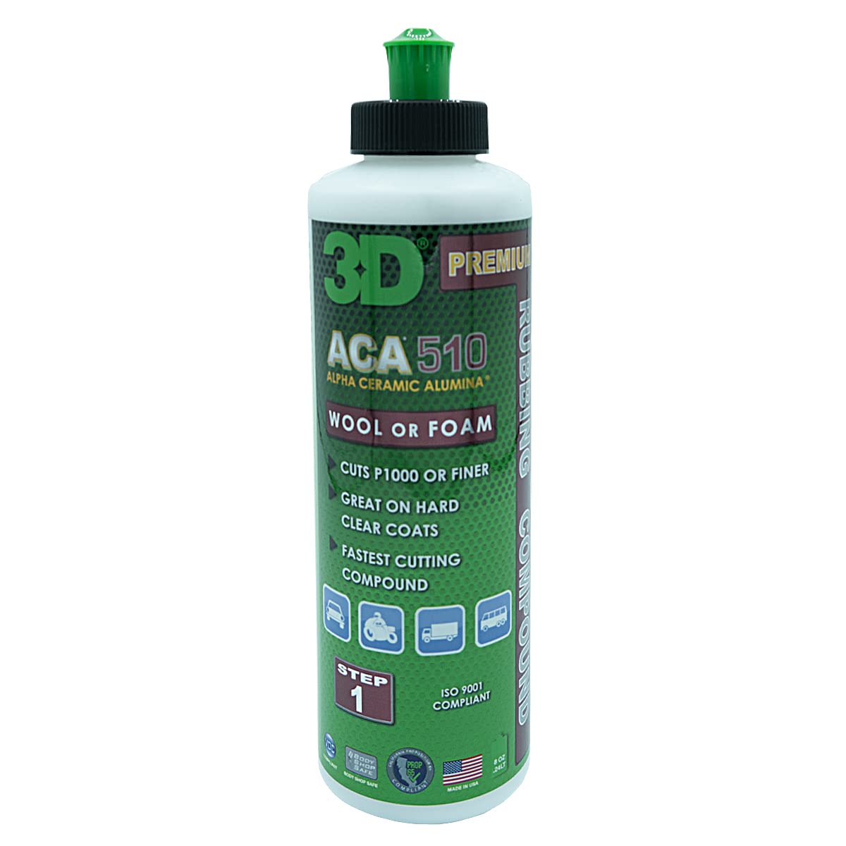 3D Aca 510 Premium Rubbing Compound - 8Oz - Step 1 Fastest Cutting Body Shop Compound With Wool Or Foam Pad - Cuts P1000 Or Finer - Great On Hard Clear Coats - Alpha Ceramic Alumina