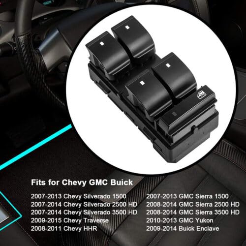 RIRECUjP Driver Side Power Master Window Switch for 2007-2013 Chevy Silverado/GMC Sierra, Black, ABS Material, OE Replacement 25789692