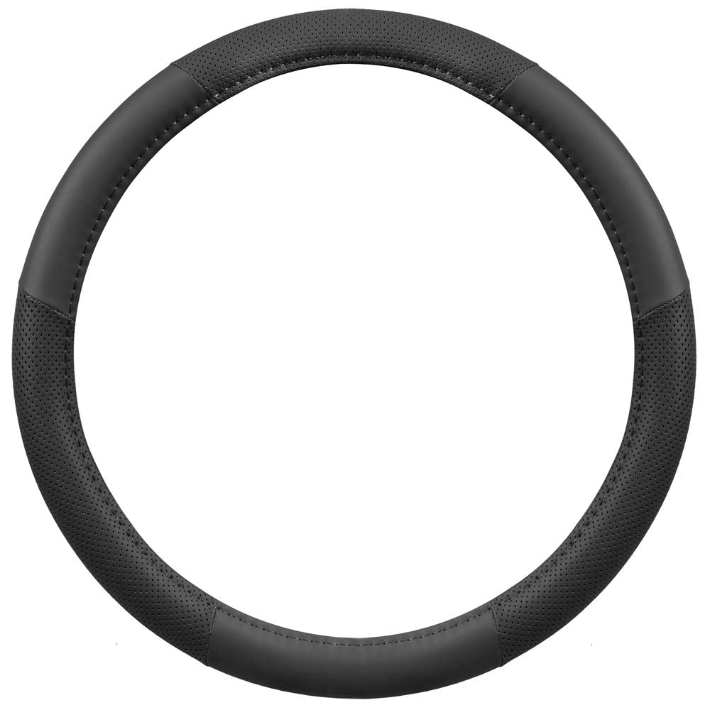 Motor Trend Black Soft Touch Steering Wheel Cover - Perforated Microfiber Leather with Classic Stitching for Sizes 14.5 to 15 in