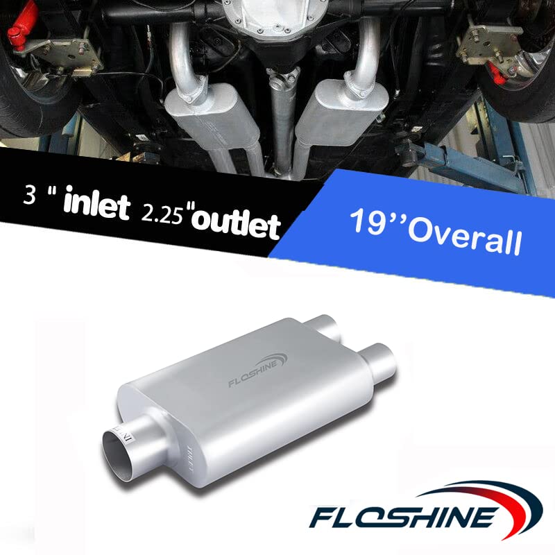 Floshine Universal Mufflers,Dual Chamber 3 Inch Inlet/2.25 Inch Outlet,Performance Automotive Muffler Exhaust Fh430422
