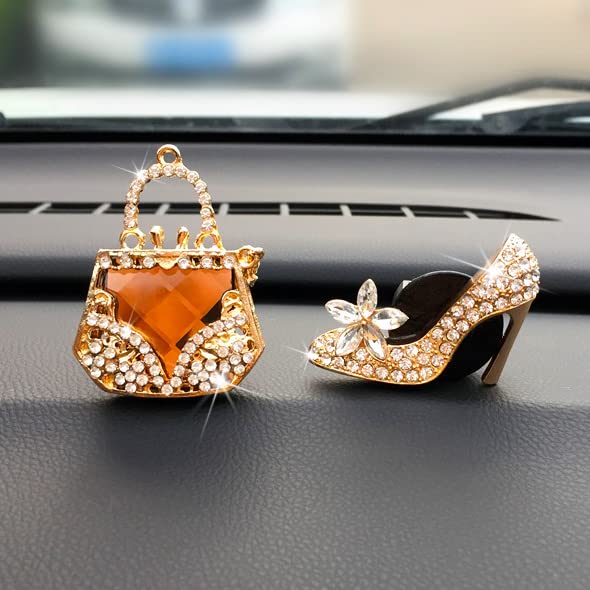 2 Pieces Crystal High Heel Shoe And Magic Bag Air Vent Clips Rhinestone Car Air Freshener Clip Bling Car Clip Gift Decorations C