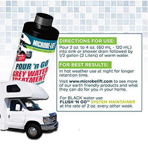 Microbe-Lift Pour N Go Rv Grey Water Holding Tank Treatment - 3 Month Supply - Dissolves Grease, Oils, Fats, Reduces Odors, 32 O