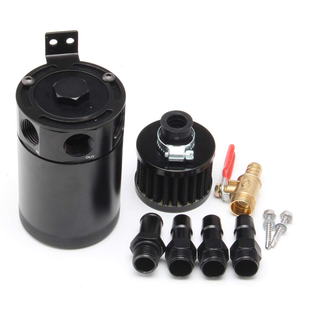 WENJTP 150ml Car Oil Catch Can Kit - Compact 3-Port Oil Separator, Black Aluminum with Breather Filter & Drain Valve, Model M2/OCC002-3-BK
