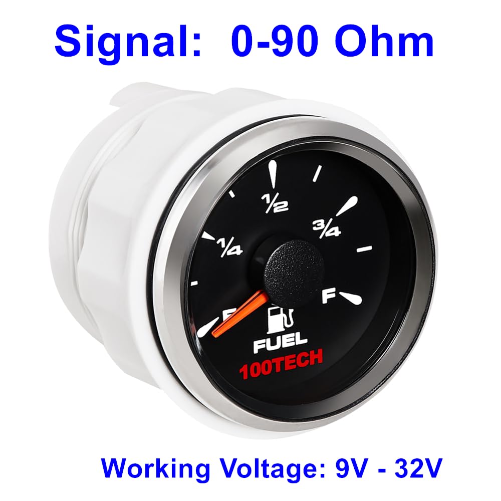 100Tech Fuel Level Gauge - 0-90 Ohm Big Sweep for Boat/Marine, 2 1/16", Stainless Steel, Black, 8 Color Backlit