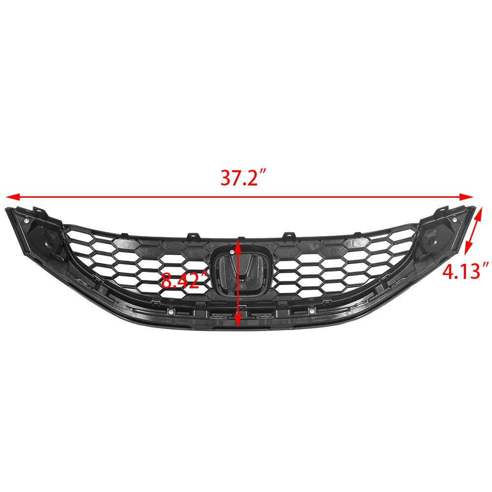 ECOTRIC Front Grill for 2013-2015 Honda Civic Sedan, Black Plastic, Model XM-003-Z1, Chrome Molding, HO1200216, HO1202109